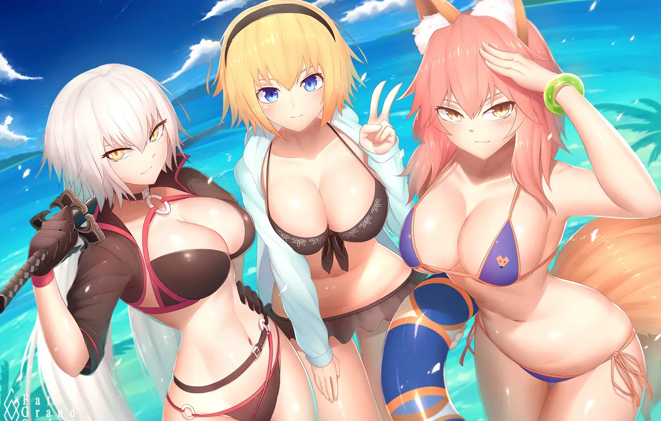 Фото обои sword, sexy, cleavage, pink hair, sky, long hair, sea, girls