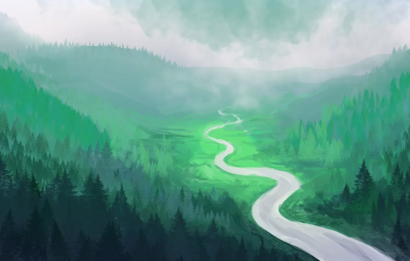 Фото обои лес, река, холмы, арт, ёлки, нарисованный пейзаж