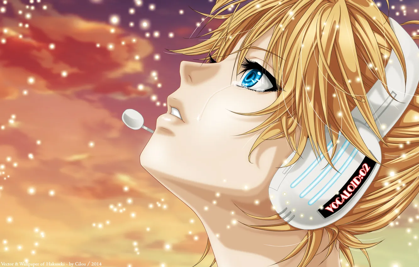 Фото обои наушники, слезы, арт, профиль, парень, vocaloid, kagamine len