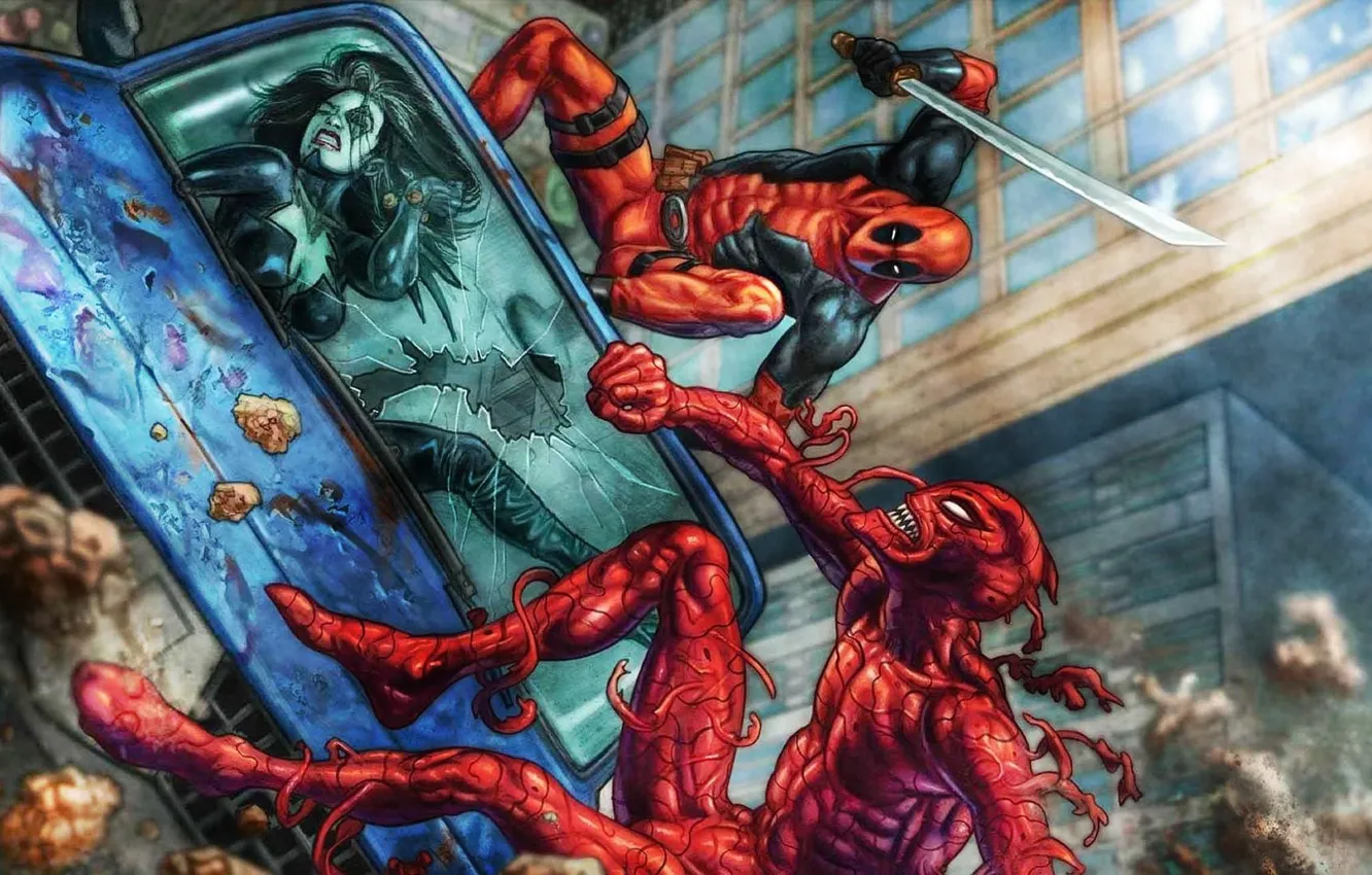 Фото обои Deadpool, Marvel, Дэдпул, Carnage, Wade Wilson, Domino, Карнаж, Нина Турман