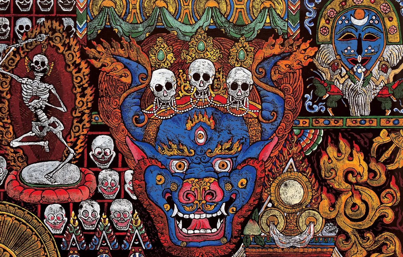 Фото обои огонь, мистика, демон, черепа, живопись, оккультизм, тибетская книга мертвых, танцующие скелеты