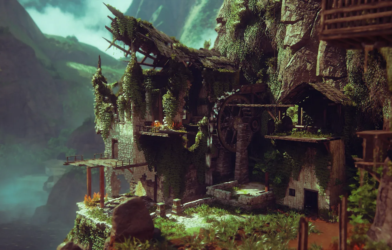 Фото обои руины, Naughty Dog, Playstation 4, водяное колесо, Uncharted 4