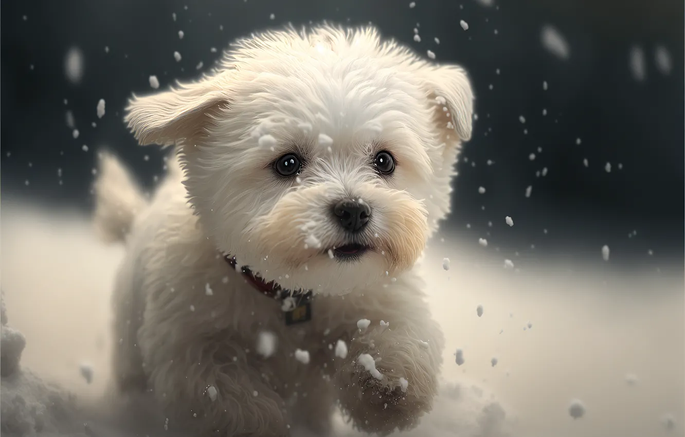 Фото обои зима, белый, взгляд, снег, собака, малыш, бег, щенок