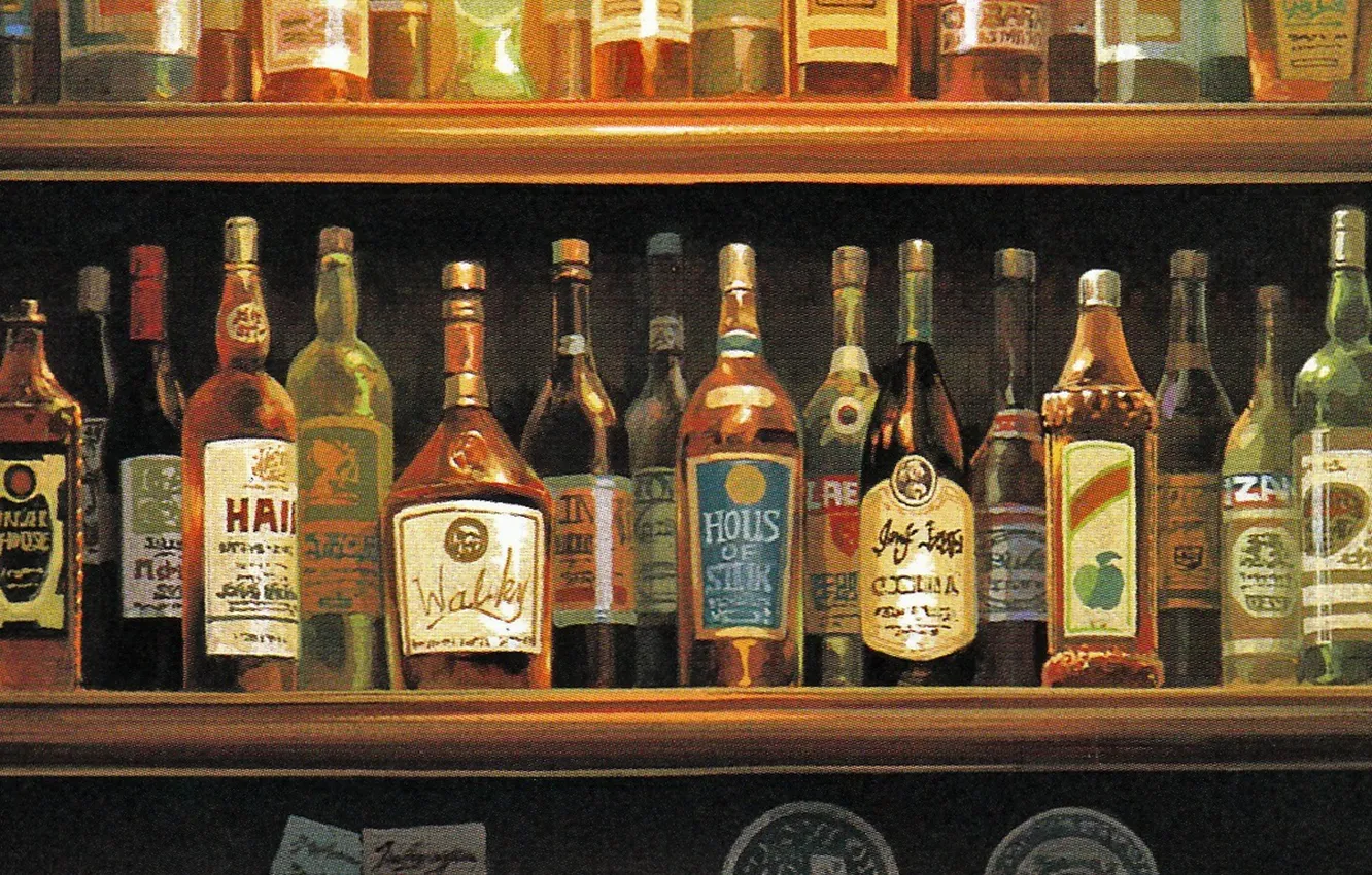 Фото обои бар, бокалы, бутылки, много, полки, спиртное, porco rosso, by hayao miyazaki