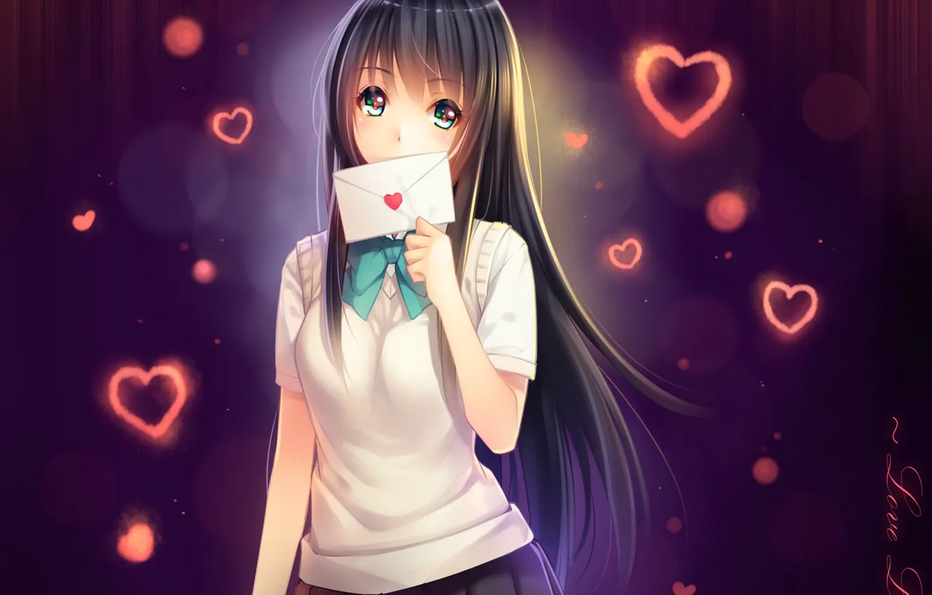 Фото обои письмо, девушка, аниме, арт, сердечки, школьница, tidsean, формам