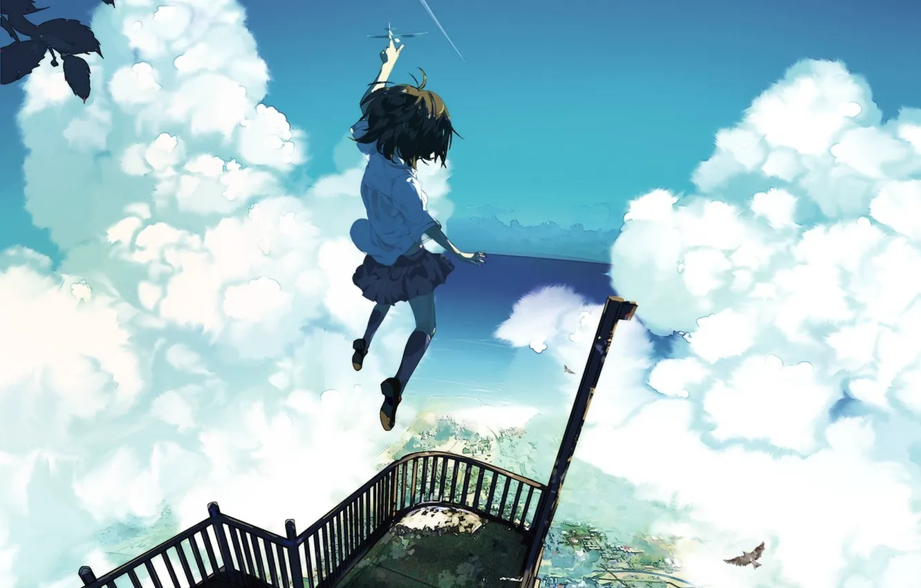 Фото обои небо, девушка, облака, город, самолет, прыжок, птица, высота