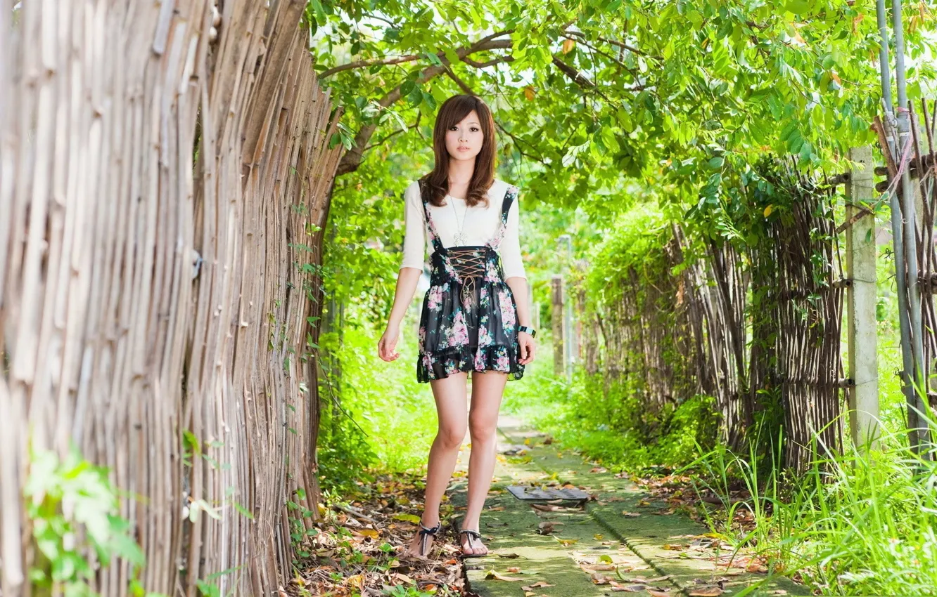 Фото обои kawaii, metal, girl, flower, long hair, dress, trees, brown hair