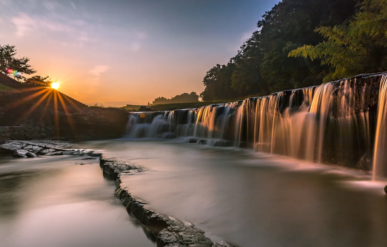 Фото обои водопад, Япония, Japan, восход солнца, Hego, Kirotaki