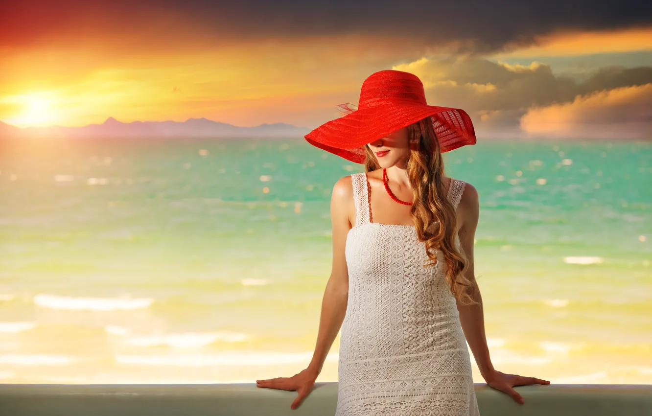 Фото обои море, закат, модель, шляпа, платье