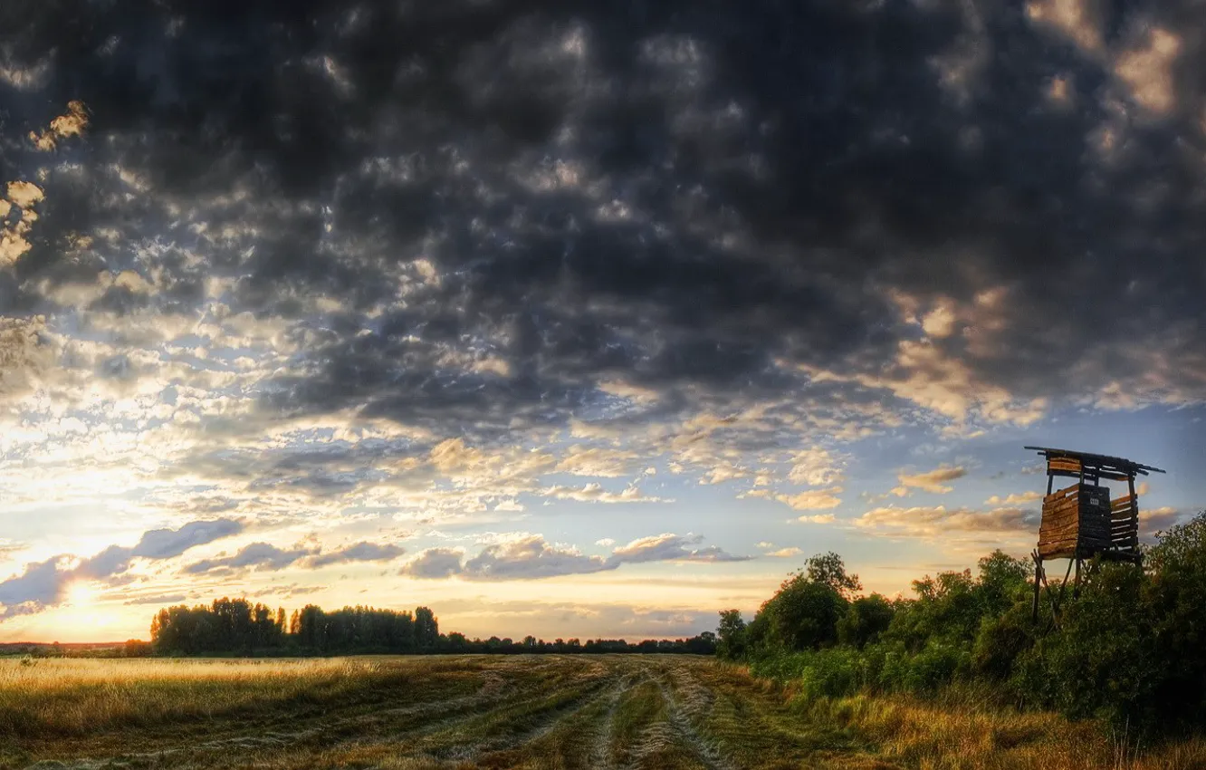 Фото обои дорога, облака, Поле, вышка