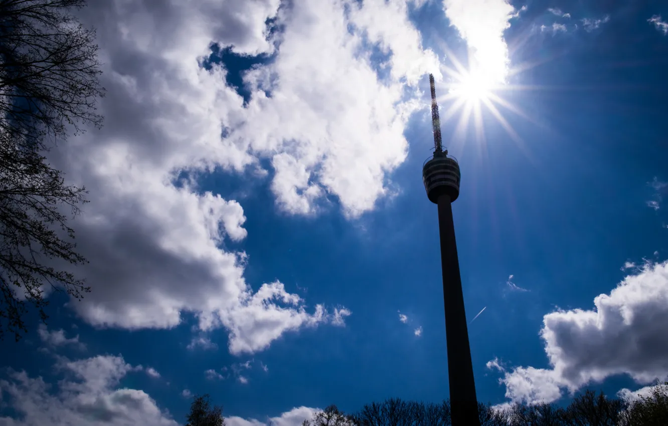 Фото обои Clouds, Sun, Germany, Spring, Sunshine, Stuttgart, Fernsehturm, TV Tower