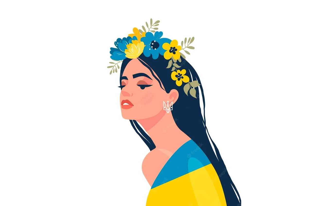 Фото обои девушка, цветы, флаг, арт, белый фон, венок, украинка, трезуб