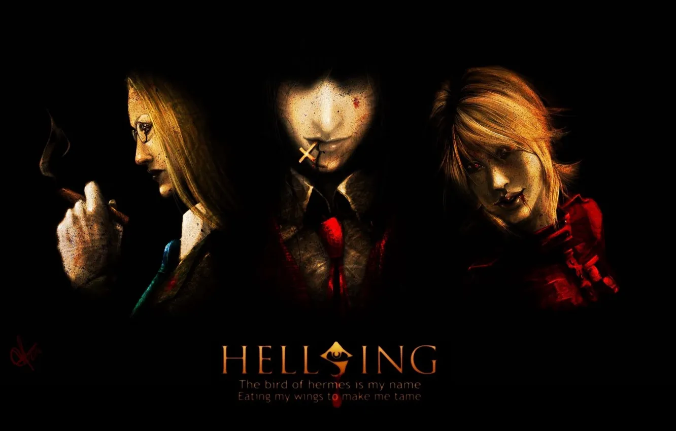 Фото обои тьма, кровь, крест, пятна, сигара, вампир, Hellsing, Alucard