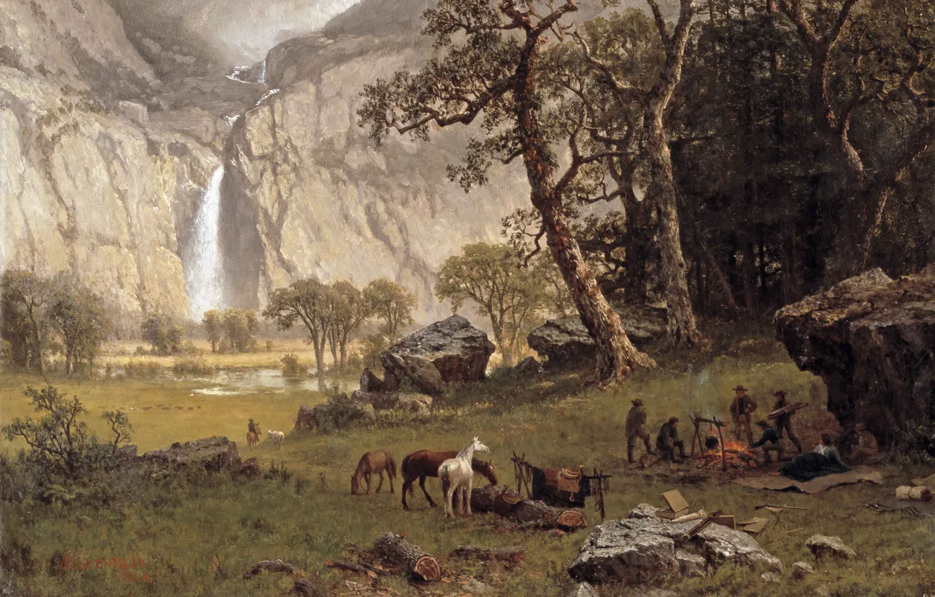 Фото обои картина, живопись, painting, 1864, Albert Bierstadt, the Yosemite Fall, Cho-looke