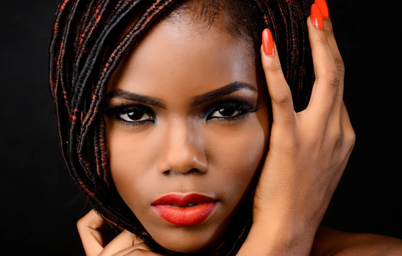 Фото обои девушка, портрет, макияж, черные волосы, темная кожа, African beauty