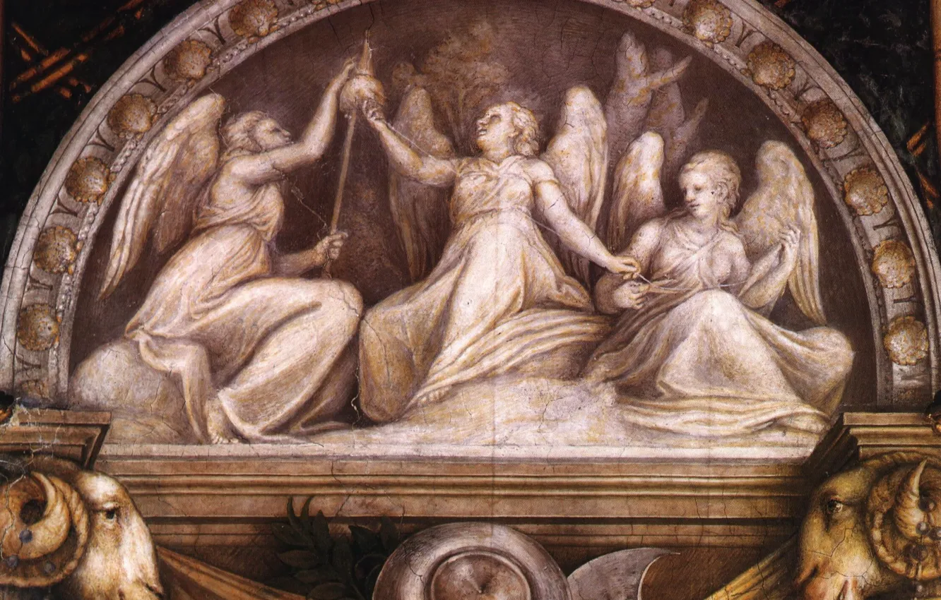 Фото обои ангелы, арка, щит, тапор, Антонио Аллегри Корреджо, Фрески в монастыре Святого Павла в Парме, эпоха …