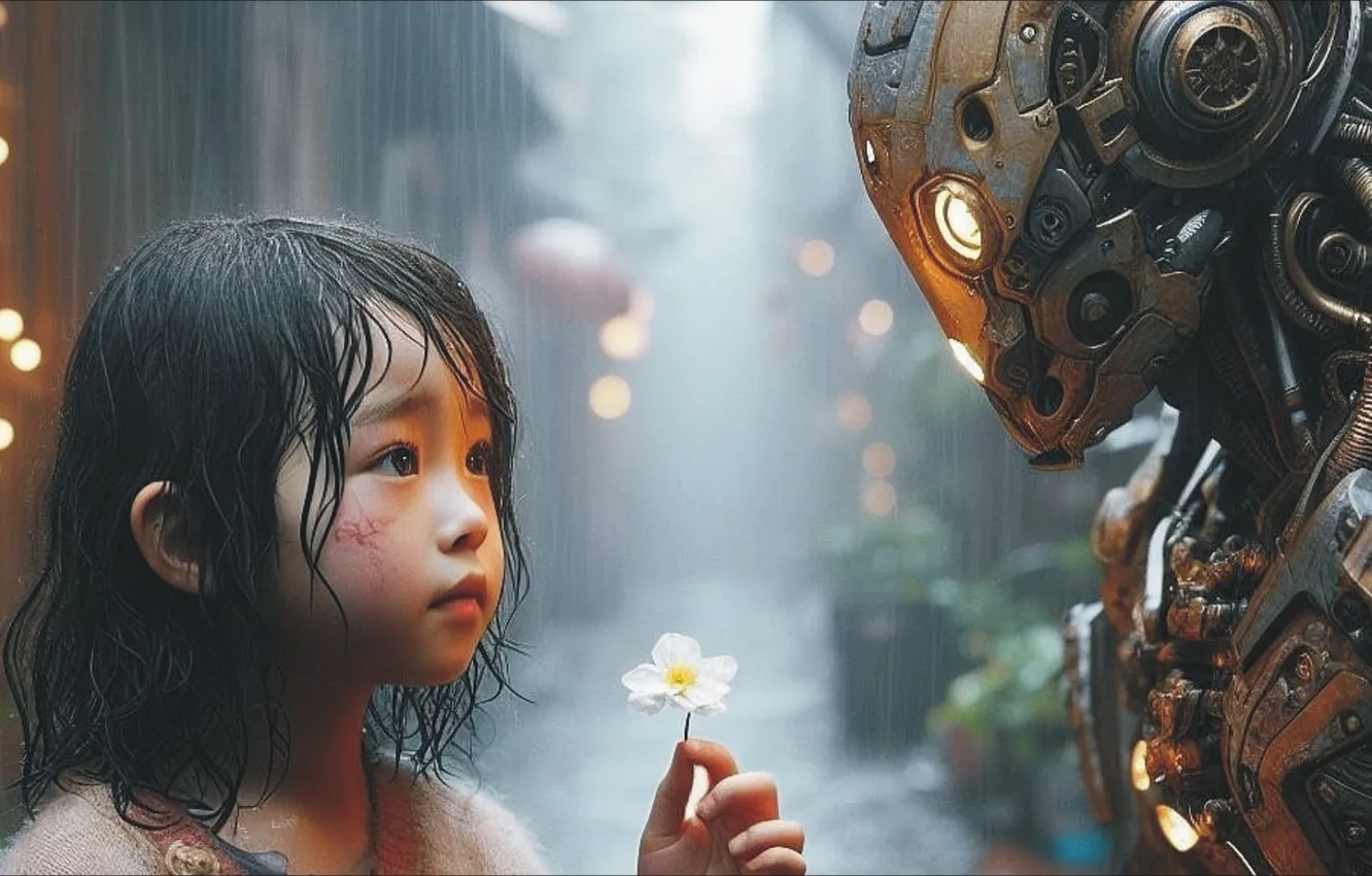 Фото обои ART, robot, flower, two, fantastic, hello, little Girl