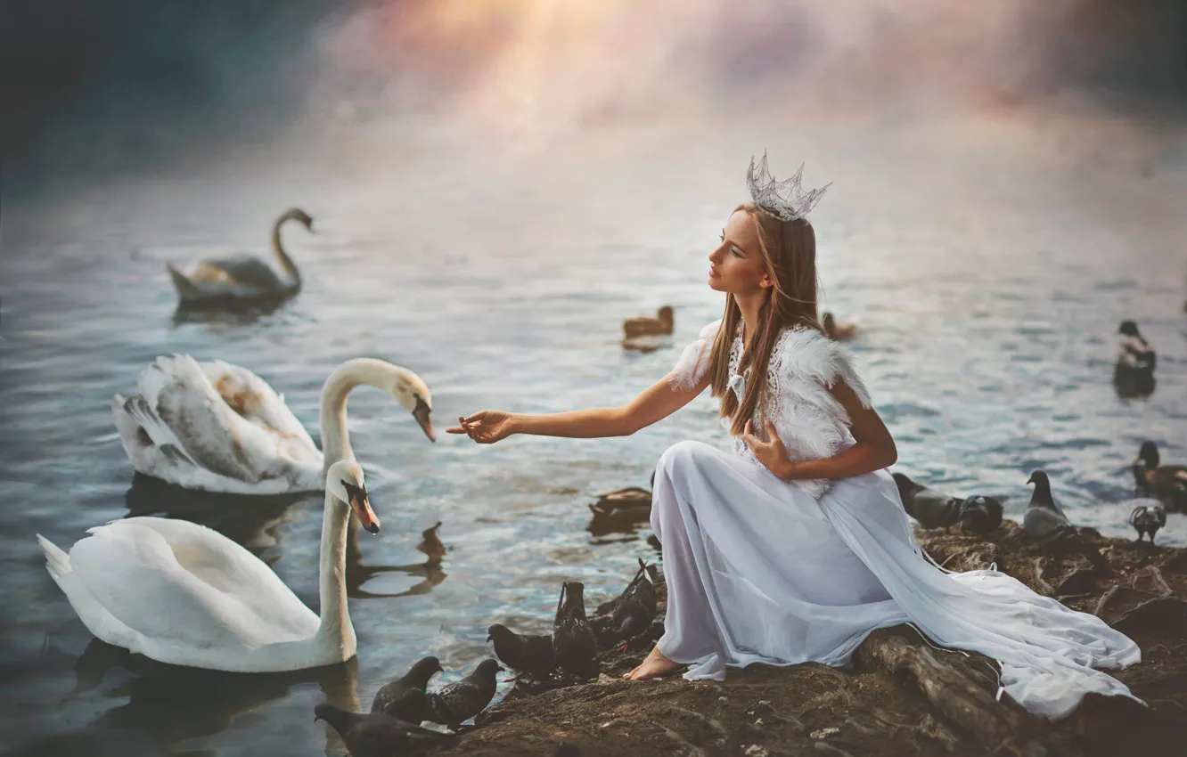 Фото обои девушка, птицы, корона, лебеди, принцесса, водоем