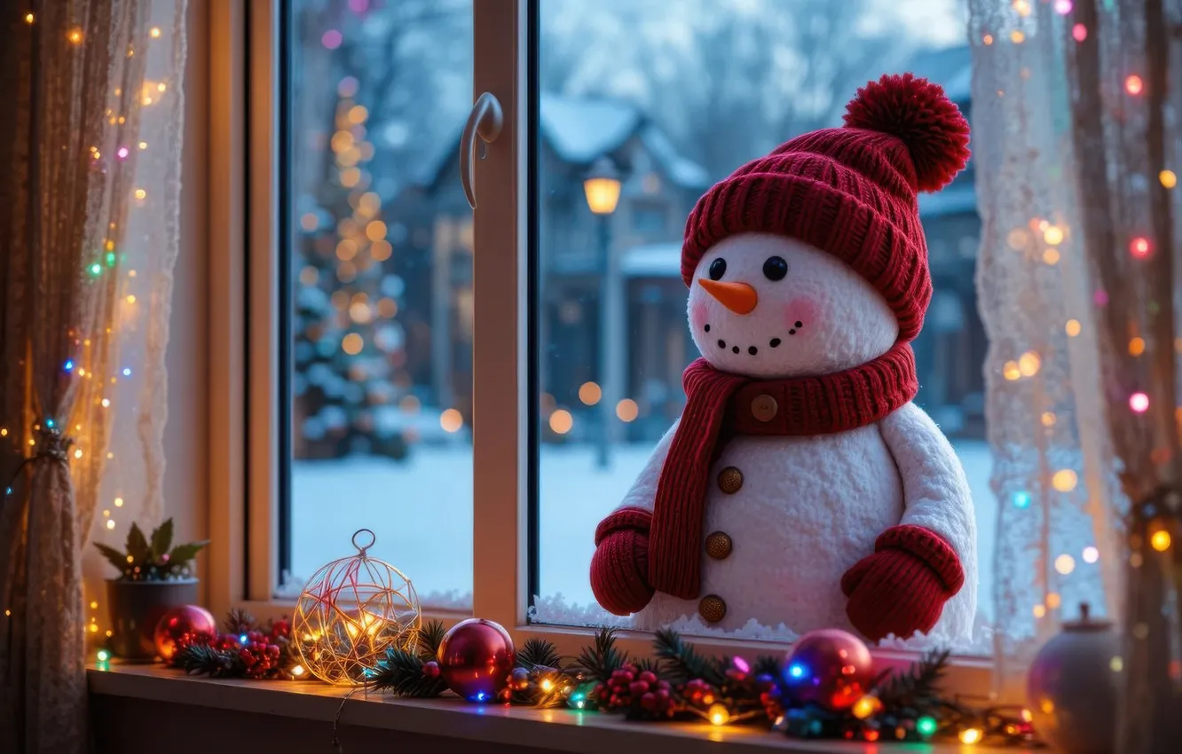 Фото обои зима, стекло, шарики, снег, огни, рама, новый год, окно