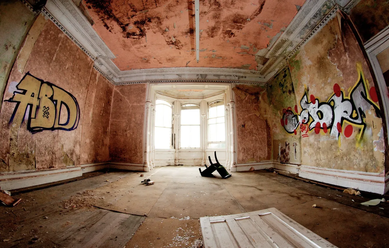 Фото обои мусор, стены, кресло, грязь, Комната, стул, рисунки, графити