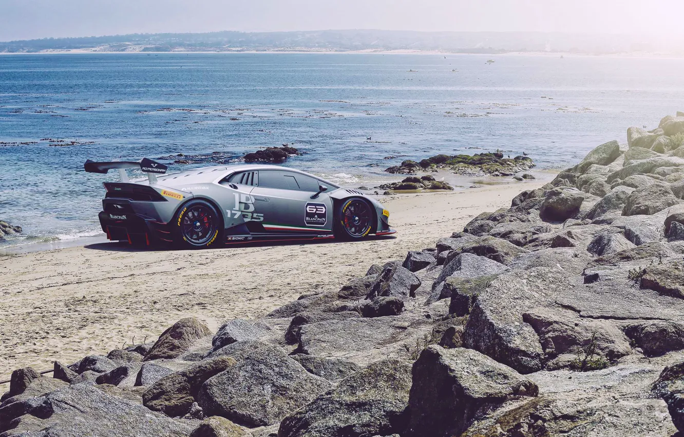 Фото обои Lamborghini, Car, Race, Beach, Sun, Super, Rear, Huracan