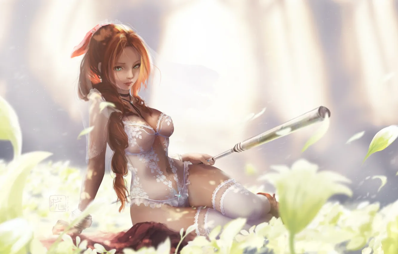Фото обои long hair, blue eyes, ponytail, brunette, big boobs, looking at viewer, Aerith Gainsborough, closed mouth