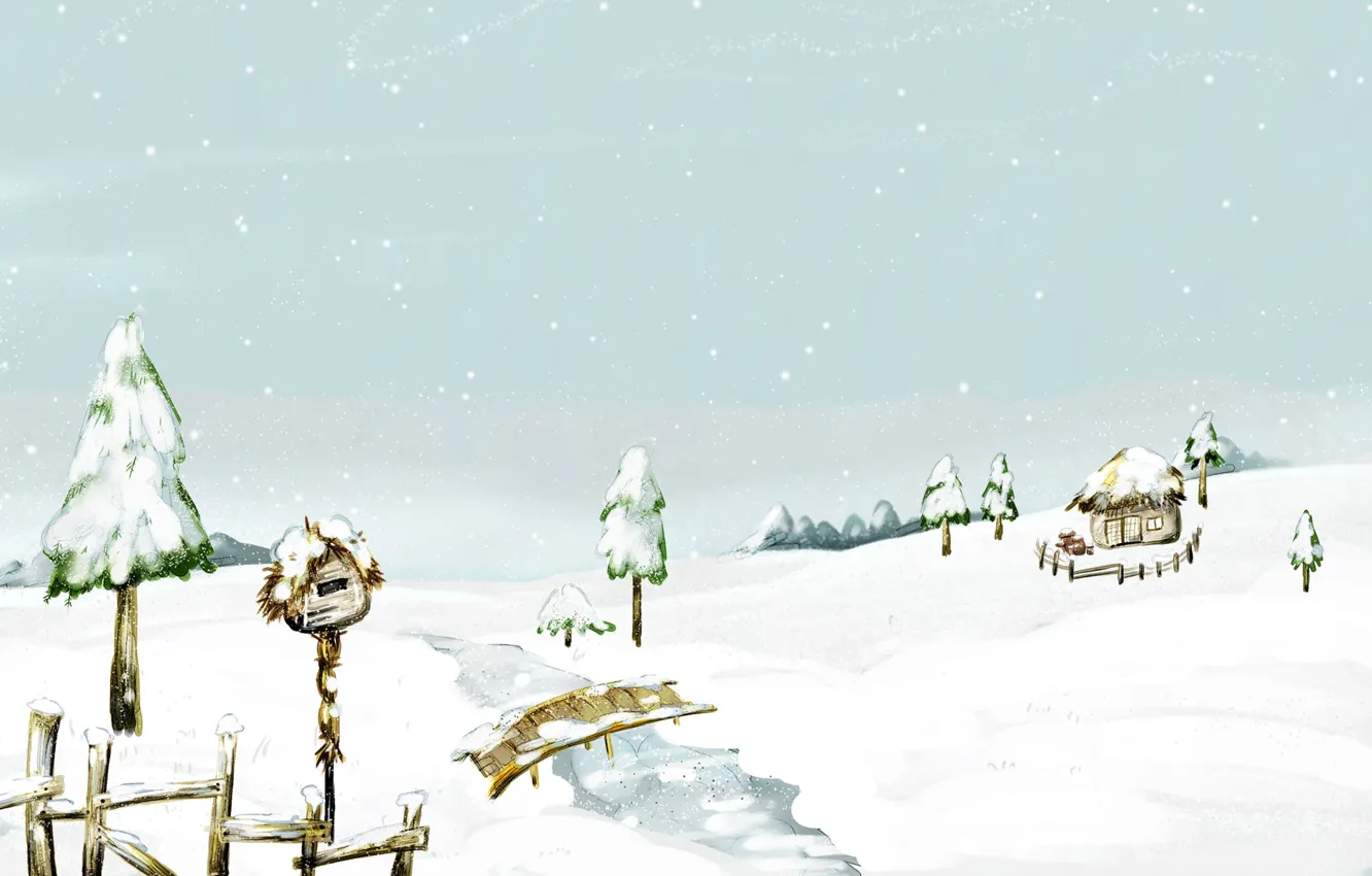 Фото обои зима, снег, скворечник, домик, речка, мостик