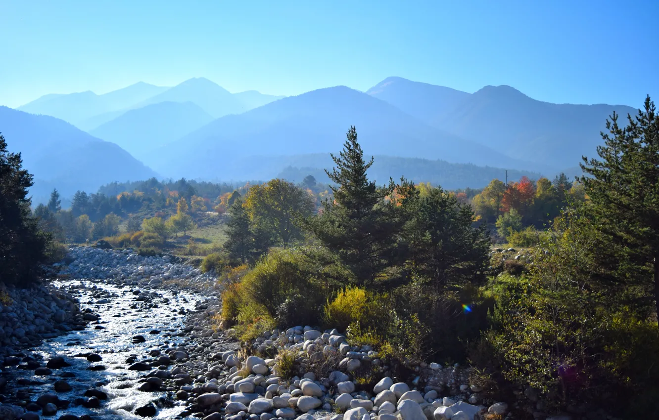 Фото обои river, autumn, mountain, sun, Bulgaria, Bansko
