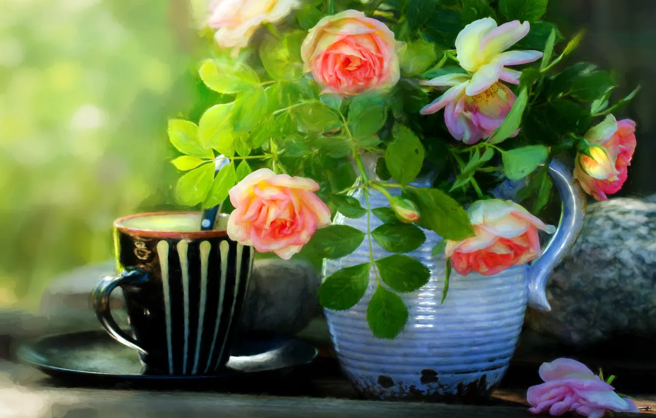 Фото обои цветы, яркий, розы, букет, кружка, кувшин, натюрморт