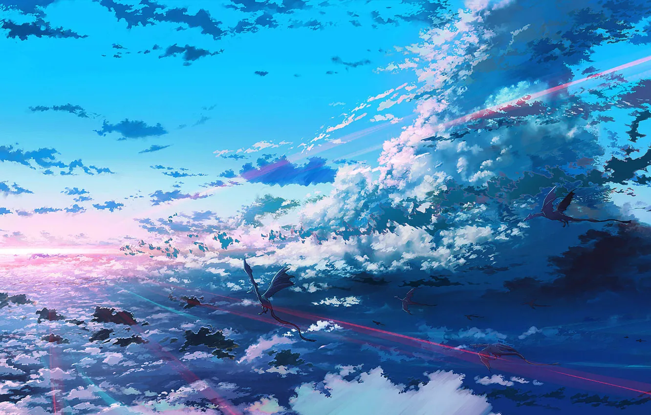 Фото обои облака, свет, яркий, драконы, полёт, The Flight of Dragons