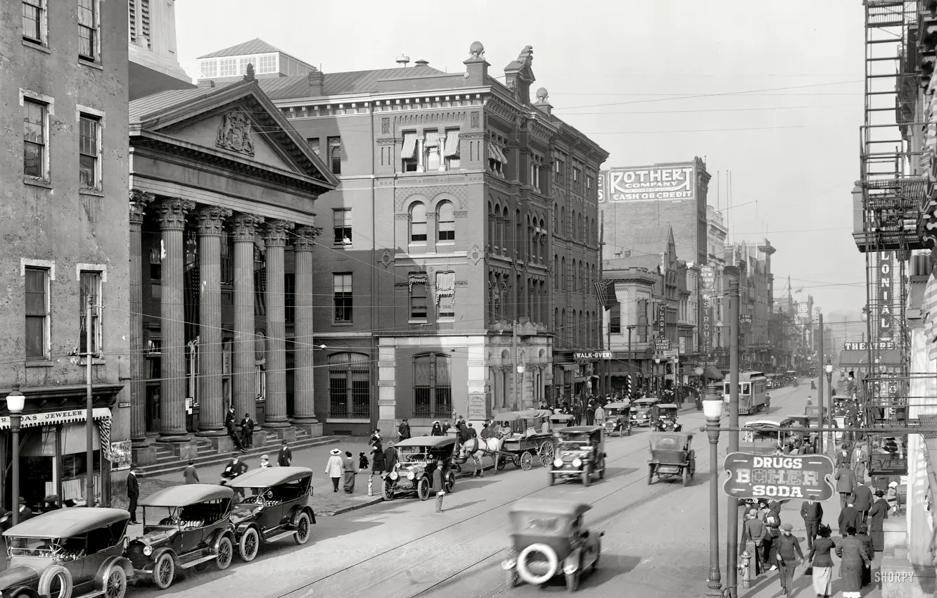 Фото обои ретро, улица, дома, США, автомобиль, 1916-й год