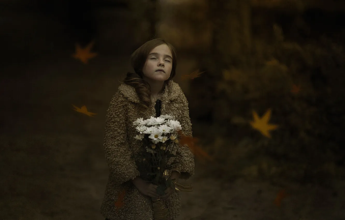 Фото обои осень, листья, букет, девочка