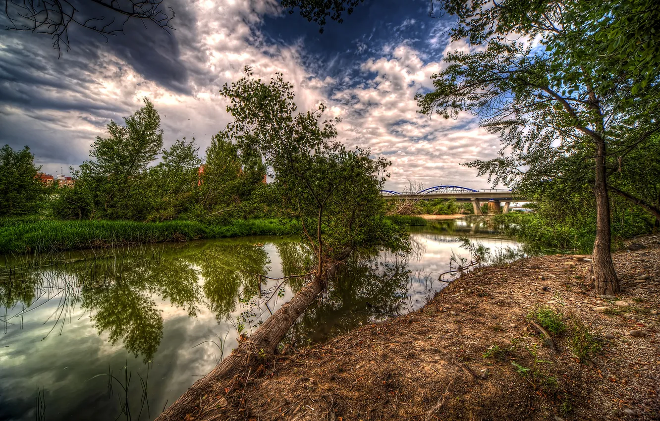 Фото обои облака, деревья, мост, река, HDR, Испания, кусты, Zaragoza