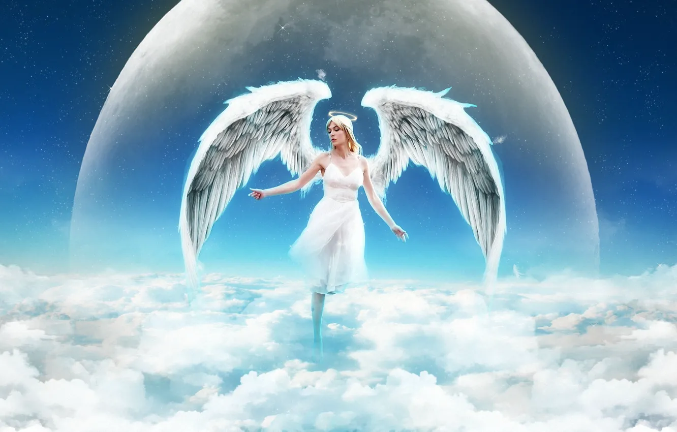 Фото обои небо, девушка, облака, планета, крылья, ангел, нимб