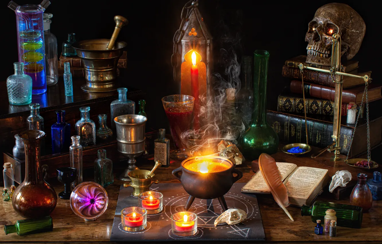 Фото обои пузырьки, перо, магия, книги, череп, свечи, Хеллоуин, котелок