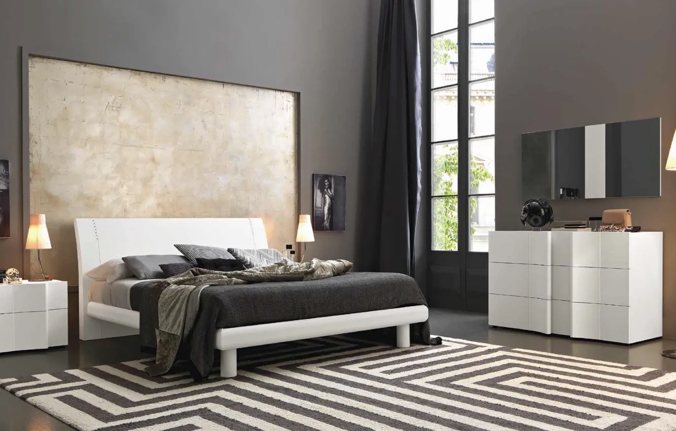 Фото обои дизайн, комната, ковер, темный, лампа, кровать, картина, подушки