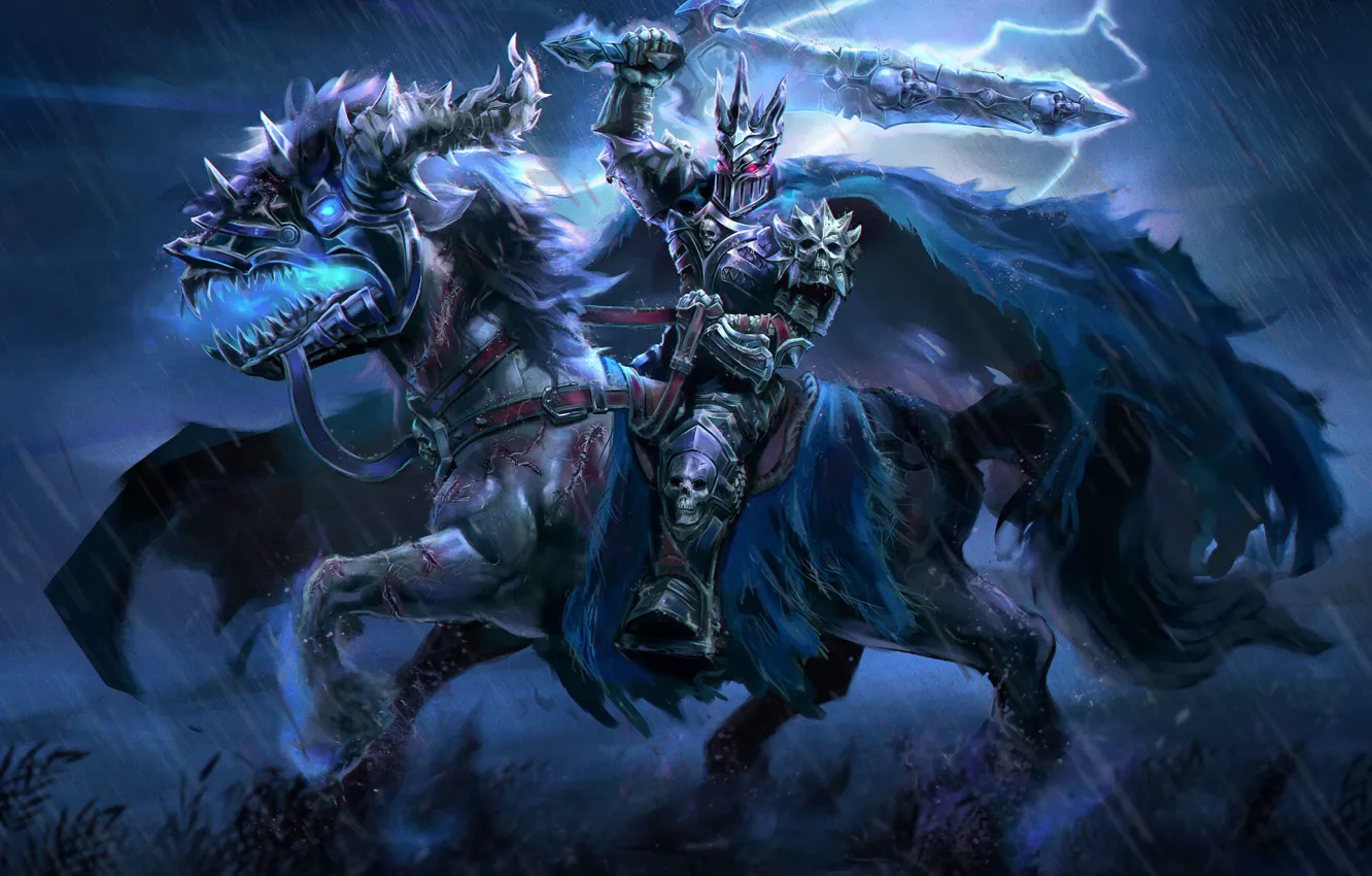 Фото обои Лошадь, Доспехи, Конь, Воин, Молнии, Fantasy, Art, Lightning