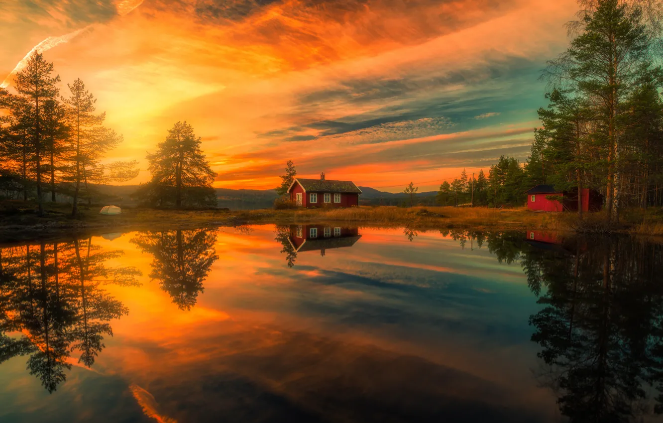 Фото обои деревья, закат, озеро, отражение, дома, Норвегия, Norway, Рингерике