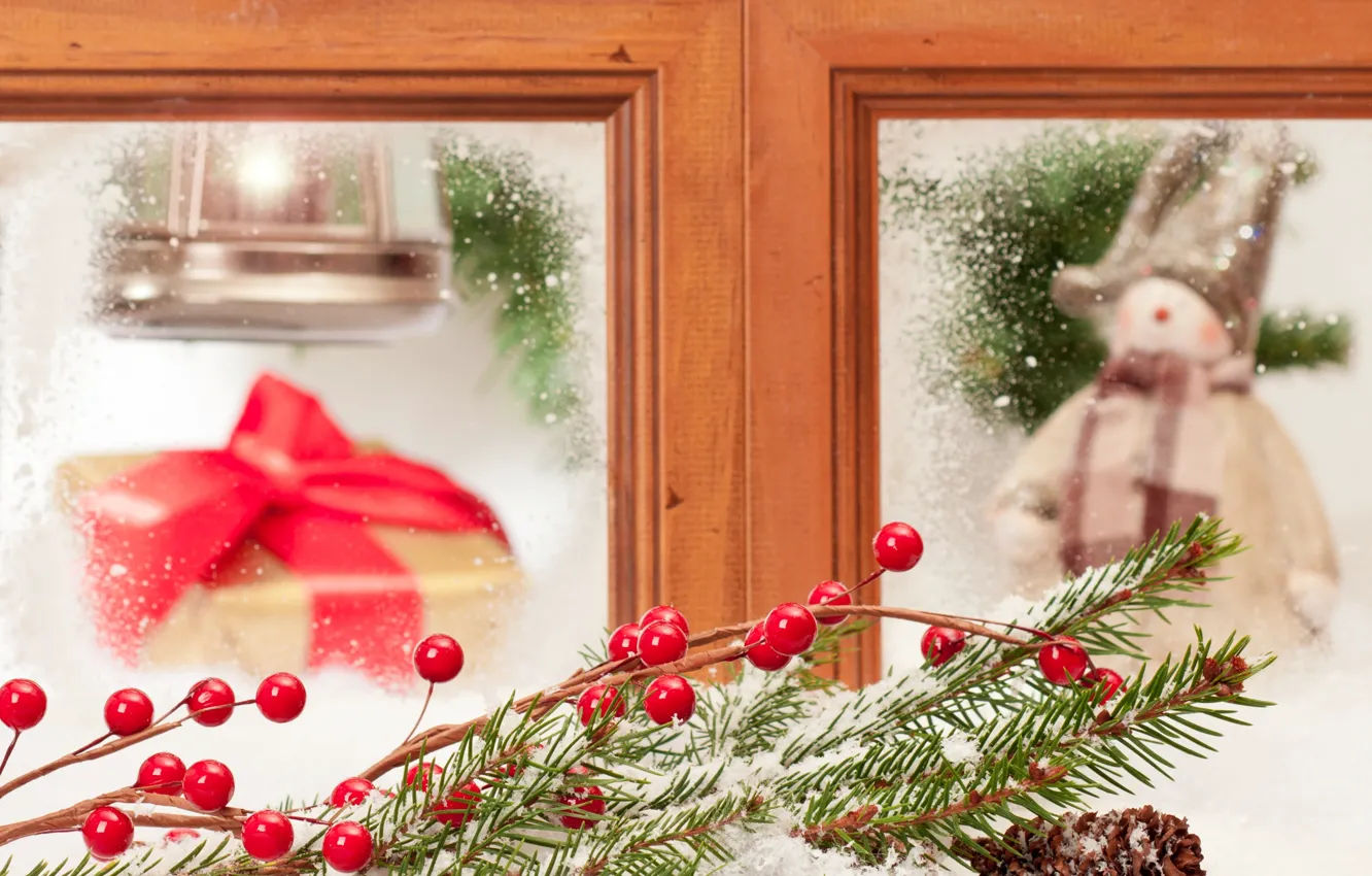 Фото обои зима, снег, игрушки, Новый Год, Рождество, Christmas, winter, snow