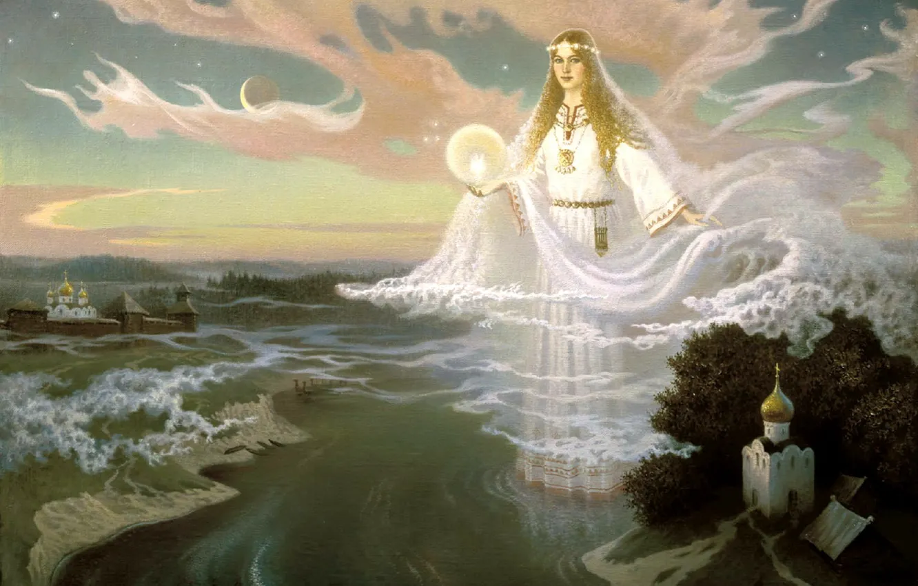 Фото обои лес, небо, девушка, облака, река, шар, картина, лодки
