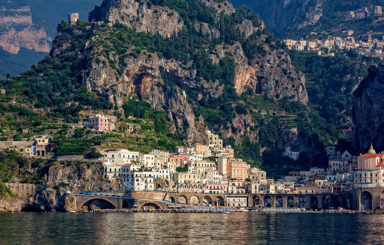 Фото обои city, sea, landscape, Italy, Amalfi, coast, rocks, houses