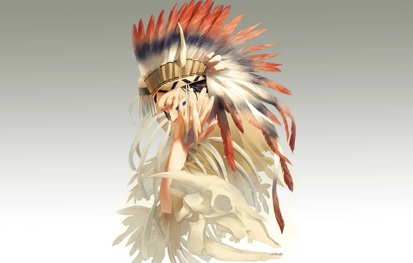 Фото обои перья, скелет, парень, art, индеец, головной убор