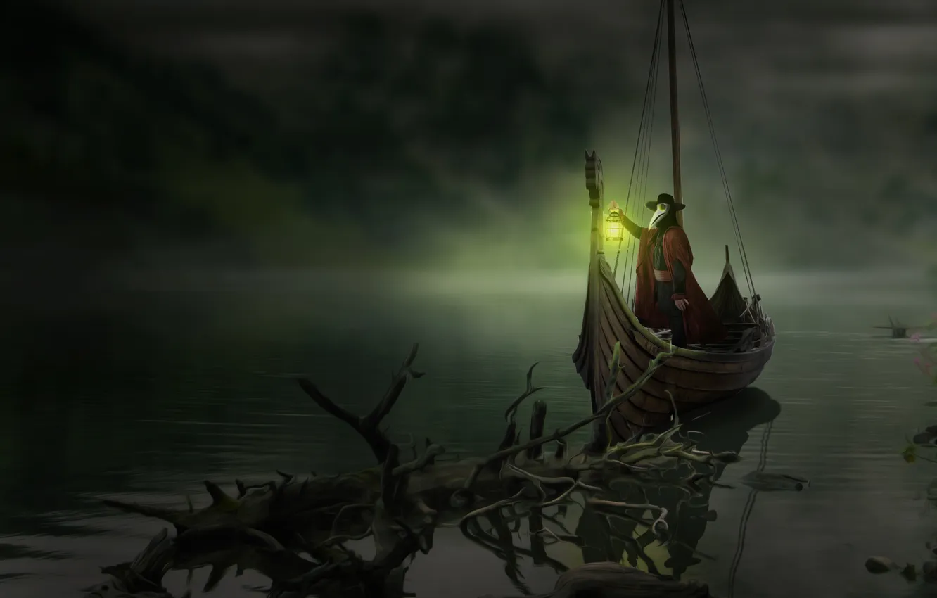 Фото обои свет, озеро, Лодка, фэнтези, арт, фонарь, Чумной доктор