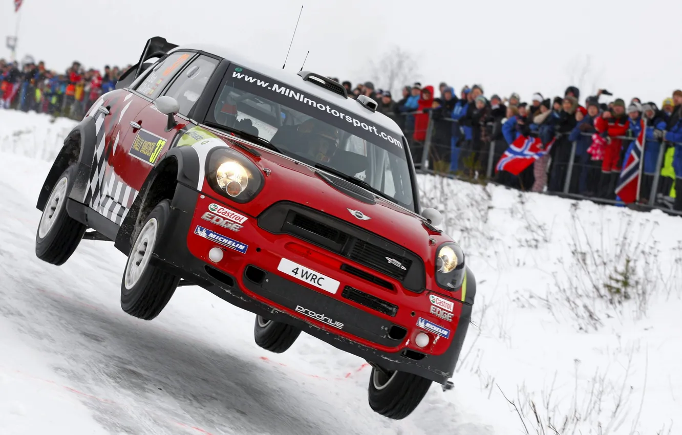 Фото обои Красный, Зима, Авто, Снег, Люди, Mini Cooper, WRC, Rally