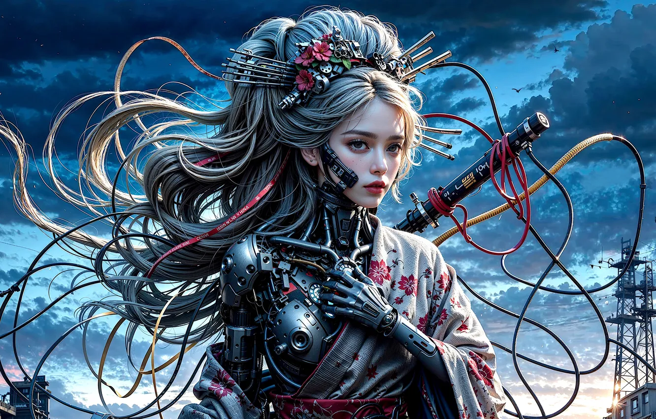 Фото обои girl, sword, fantasy, tower, science fiction, katana, sci-fi, samurai
