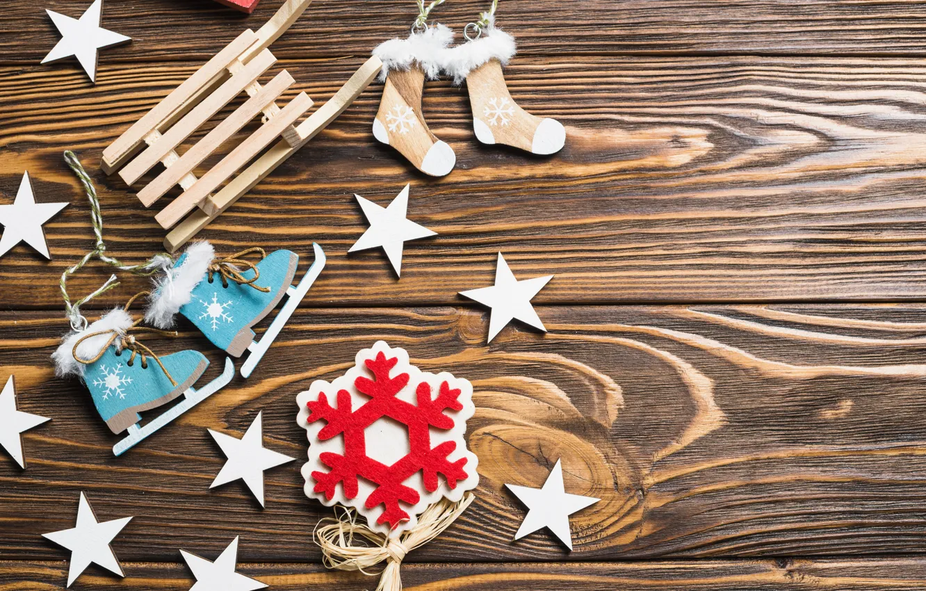 Фото обои снежинки, новый год, Рождество, санки, декор