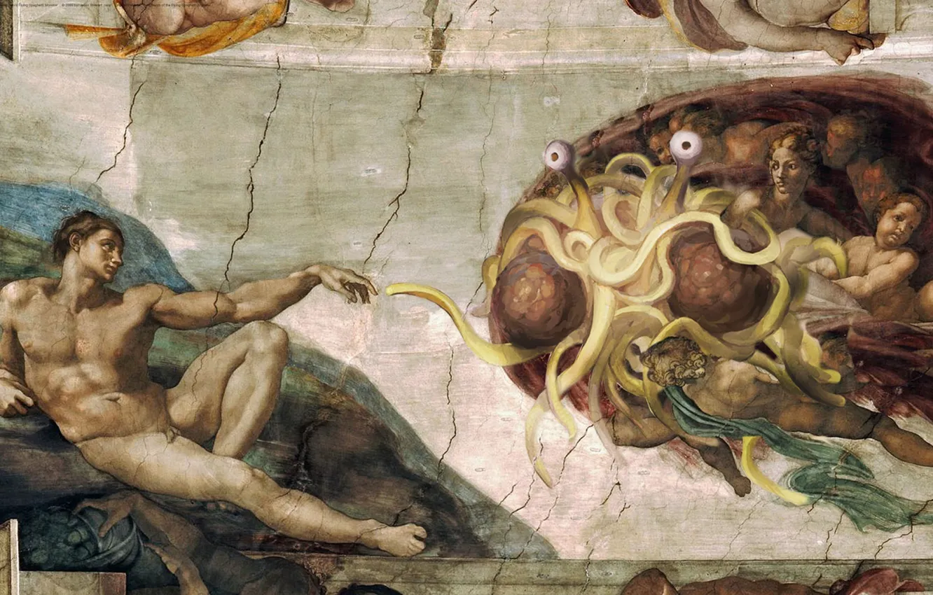 Фото обои картина, Ангелы, религия, Адам, Flying Spaghetti Monster, пастафарианство, Сикстинская капелла, Бог