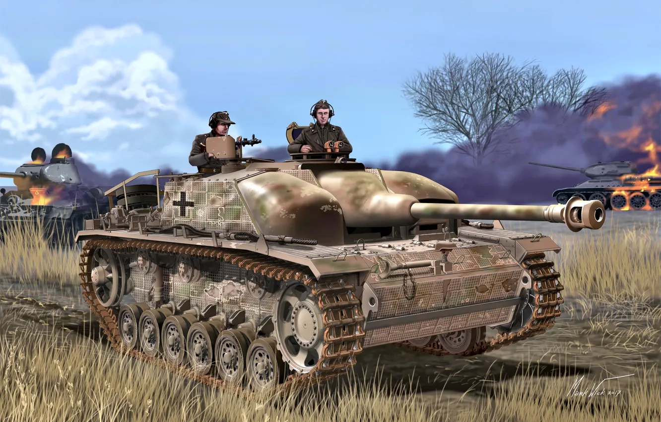Фото обои Трава, Дым, Германия, танк, горит, Т-34/85, Вторая Мировая война, Вермахт