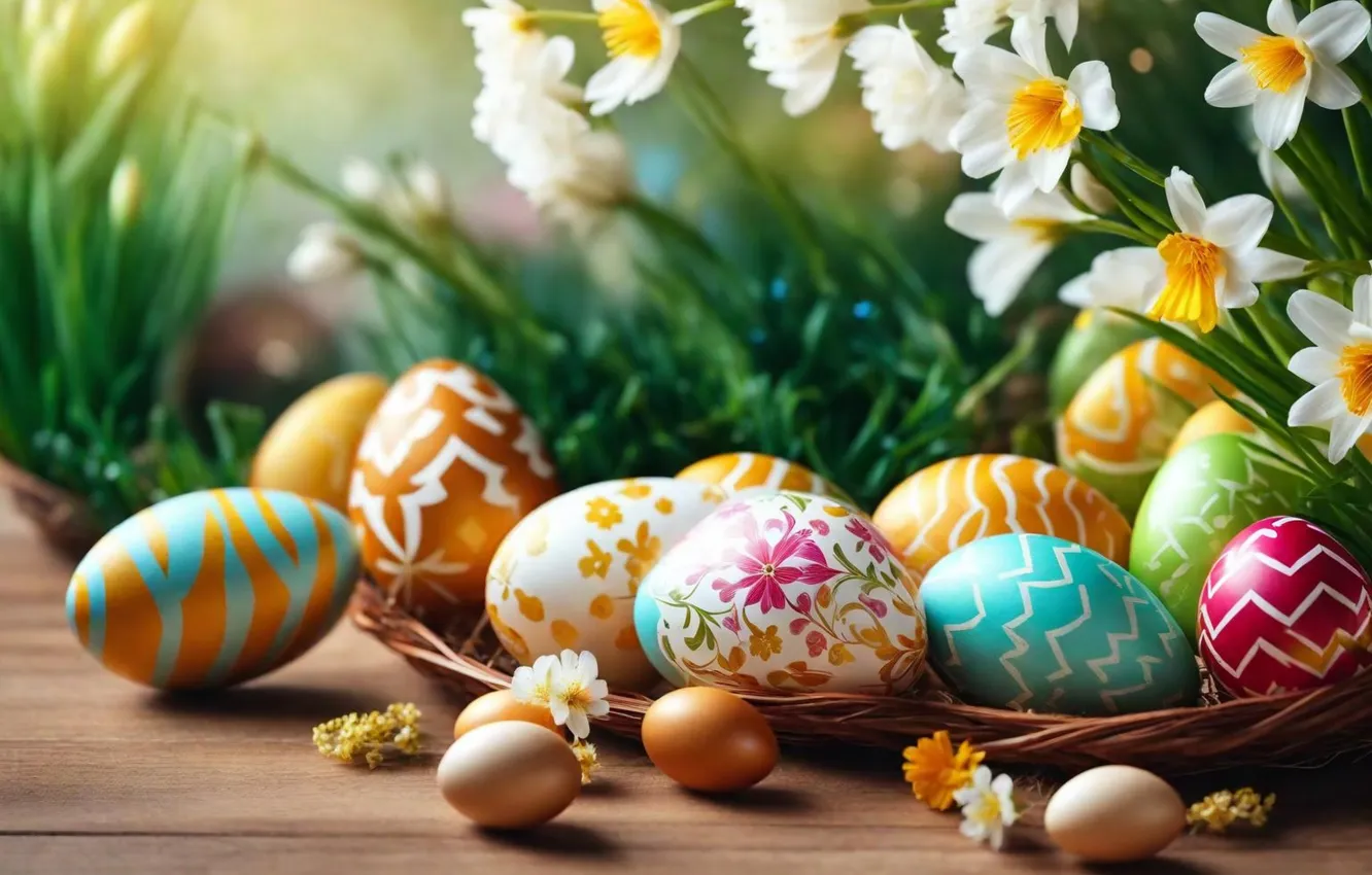 Фото обои цветы, яйца, весна, colorful, Пасха, happy, flowers, spring