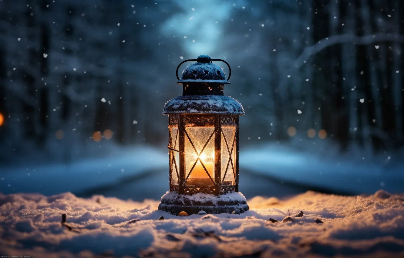 Фото обои зима, снег, ночь, Рождество, фонарь, Новый год, Christmas, night